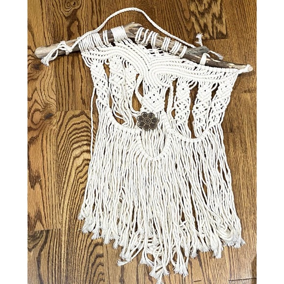 Boho Macrame Wall Hanging Decor Natural Ivory Flower Charm - Picture 1 of 4